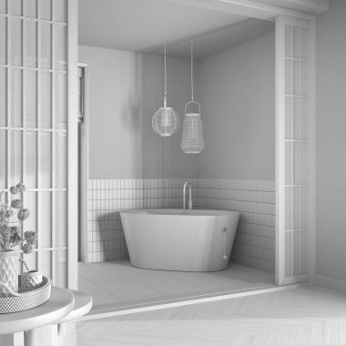 Total white project draft, japandi bathroom. Paper door and freestanding wooden bathtub. Cotton flowers, parquet floor and tiles, farmhouse interior design