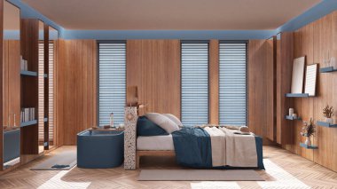 Minimalist bedroom and bathroom in blue and wooden tones. Double bed and freestanding bathtub. Parquet floor and windows, japandi interior design
