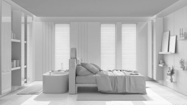 Total white project draft, minimalist bedroom and bathroom. Double bed and freestanding bathtub. Parquet floor and windows, japandi interior design