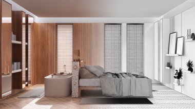 Architect interior designer concept: hand-drawn draft unfinished project that becomes real, minimalist bedroom and bathroom. Double bed and freestanding bathtub. Japandi style