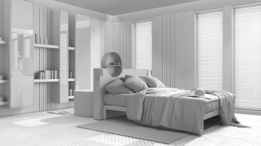 Total white project draft, spa, hotel suite. Bedroom and bathroom. Double bed and freestanding bathtub. Parquet floor, japandi interior design