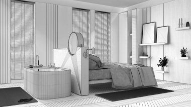 Blueprint unfinished project draft, wooden bedroom and bathroom with herringbone parquet floor. Double bed, windows and freestanding bathtub. Minimalist interior design