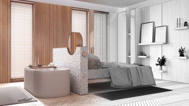 Architect interior designer concept: hand-drawn draft unfinished project that becomes real, wooden bedroom and bathroom. Double bed and freestanding bathtub. Minimalist style