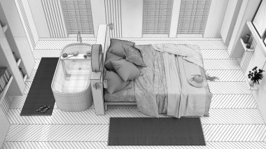 Blueprint unfinished project draft, contemporary wooden bedroom with bathtub. Double bed, freestanding bathtub and parquet floor. Top view, above. Japandi interior design