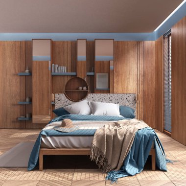 Minimalist wooden bedroom in blue and beige tones, close up. Master bed with blankets, parquet and window with venetian blinds. Japandi interior design