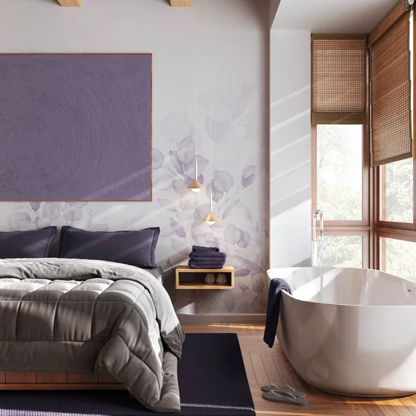 Minimalist wooden bedroom with bathtub in white and purple tones, close up. Master bed, parquet ,windows and wallpaper. Japandi interior design