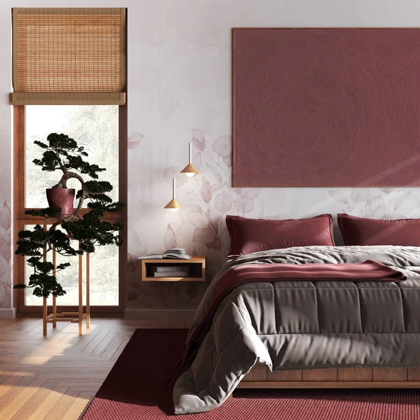 Japandi wooden bedroom with bathtub in white and red tones, close up. Master bed, parquet, windows and wallpaper. Contemporary interior design