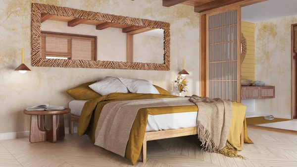 Spa, hotel suite. Bedroom and bathroom in white and yellow tones. Double bed, paper door and washbasin. Parquet floor and tiles, japandi interior design