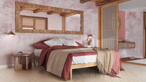 Spa, hotel suite. Bedroom and bathroom in white and red tones. Double bed, paper door and washbasin. Parquet floor and tiles, japandi interior design
