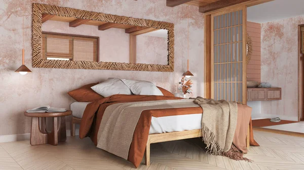Spa, hotel suite. Bedroom and bathroom in white and orange tones. Double bed, paper door and washbasin. Parquet floor and tiles, japandi interior design