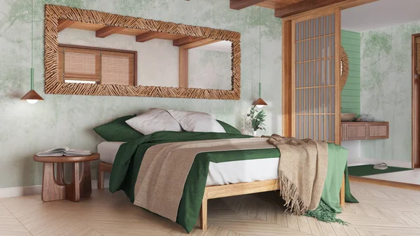 Spa, hotel suite. Bedroom and bathroom in white and green tones. Double bed, paper door and washbasin. Parquet floor and tiles, japandi interior design