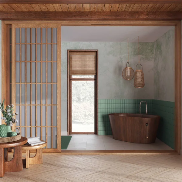 Wooden spa, hotel suite. Bathroom with freestanding bathtub and paper sliding doors in white and green tones. Parquet floor, tiles and wallpaper. Japandi interior design
