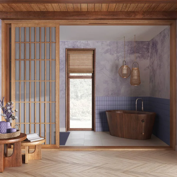 Wooden spa, hotel suite. Bathroom with freestanding bathtub and paper sliding doors in white and purple tones. Parquet floor, tiles and wallpaper. Japandi interior design