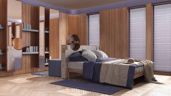 Spa, hotel suite. Bedroom and bathroom in purple and wooden tones. Double bed and freestanding bathtub. Parquet floor, japandi interior design
