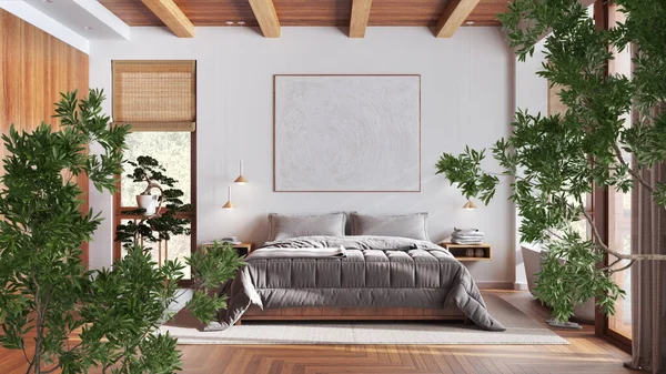 Green summer or spring leaves, tree branch over interior design scene. Natural ecology concept idea. Japandi bedroom with bathtub, boho interior design
