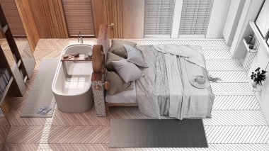 Architect interior designer concept: hand-drawn draft unfinished project that becomes real, contemporary wooden bedroom and bathroom. Top view, above. Japandi interior style