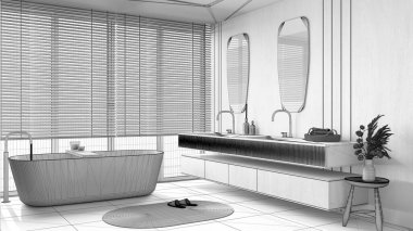 Blueprint unfinished project draft, minimalist wooden bathroom. Freestanding bathtub and washbasin with mirror. Marble tiles floor. Japandi interior design