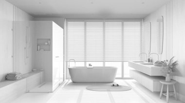 Total white project draft, japandi wooden bathroom. Freestanding bathtub, shower and washbasin with mirror. Marble tiles floor. Clean interior design