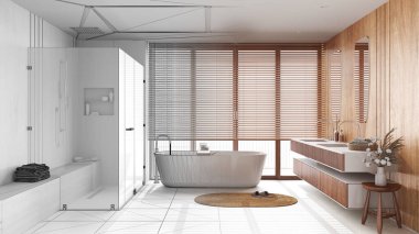 Architect interior designer concept: hand-drawn draft unfinished project that becomes real, japandi wooden bathroom. Bathtub, shower and washbasin with mirror. Clean style