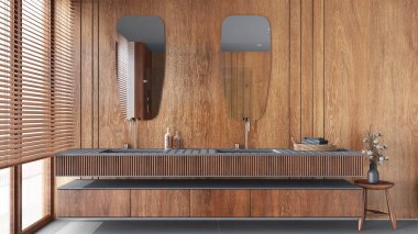 Minimal wooden bathroom close-up in gray and beige tones. Double washbasin with sink and mirror. Window with venetian blinds. Japandi interior design