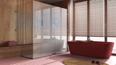 Minimalist wooden bathroom in white and red tones. Freestanding bathtub and shower with glass door. Marble tiles floor. Japandi interior design
