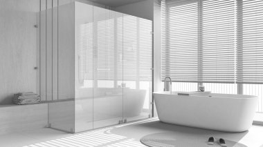 Total white project draft, minimal wooden bathroom. Freestanding bathtub and shower with glass door. Marble tiles floor. Japandi interior design