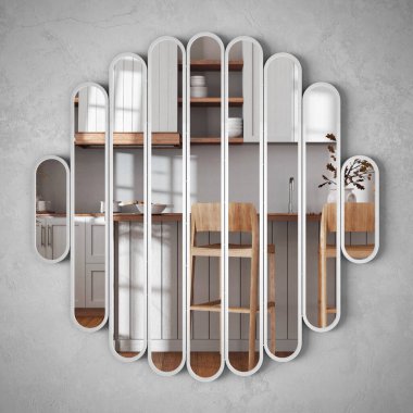 Round mirrors hanging on the wall reflecting interior design scene, scandinavian kitchen in farmhouse style, island with stools, modern architecture concept idea