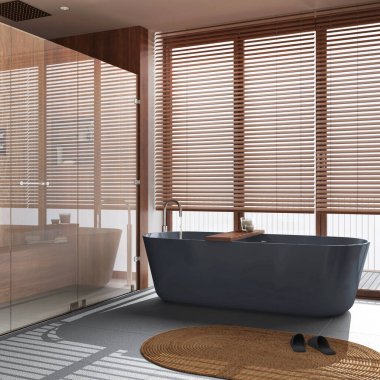 Modern wooden bathroom in gray and beige tones. Freestanding bathtub and shower with glass door and marble tiles floor. Minimalist interior design