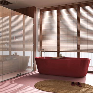 Modern wooden bathroom in red and beige tones. Freestanding bathtub and shower with glass door and marble tiles floor. Minimalist interior design