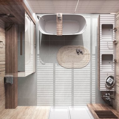 Japandi bleached wooden bathroom in white and beige tones. Bathtub, shower and washbasin with mirror. Marble tiles floor. Top view, plan, above. Clean interior design