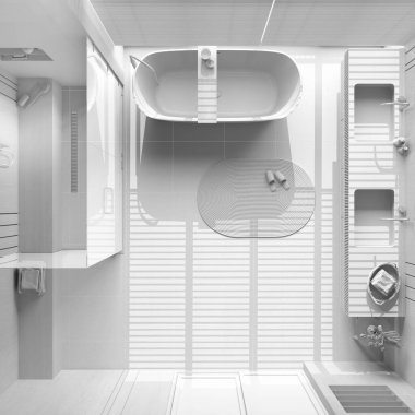 Total white project draft, japandi wooden bathroom. Bathtub, shower and washbasin with mirror. Marble tiles floor. Top view, plan, above. Clean interior design