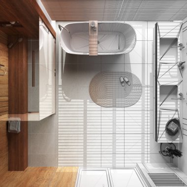 Architect interior designer concept: hand-drawn draft unfinished project that becomes real, japandi wooden bathroom. Bathtub, shower and washbasin. Top view, plan, above