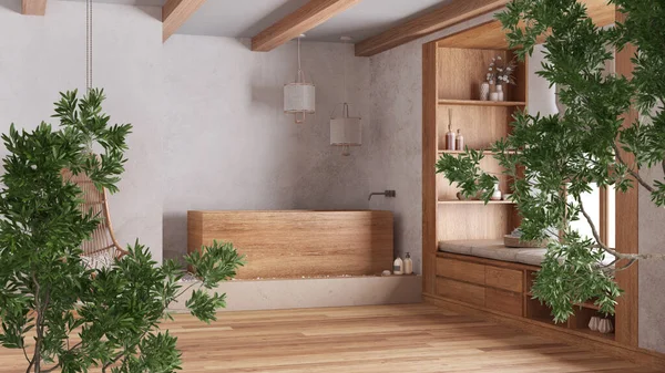 Green summer or spring leaves, tree branch over interior design scene. Natural ecology concept idea. Japandi minimal bathroom in boho style. Wooden bathtub. Interior design