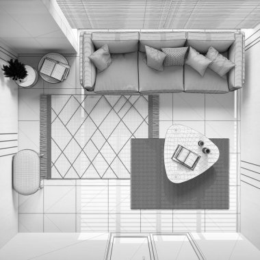 Blueprint unfinished project draft, minimalist living room with wooden walls. Fabric sofa with pillows, carpets and decors. Top view, plan, above. Minimal interior design