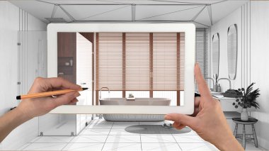 Augmented reality concept. Hand holding tablet with AR application used to simulate furniture products in custom architecture design, black ink sketch, japandi bathroom