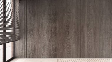 Empty room background, dark wooden walls, marble tiles floor and big window with venetian blind, white modern architecture interior design