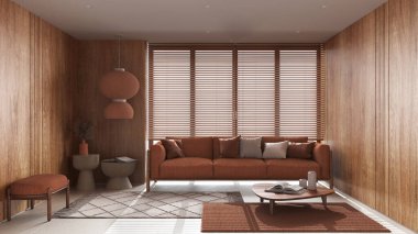 Minimalist living room with wooden walls in orange tones. Fabric sofa with pillows, big window with venetian blinds, carpets and decors. Minimal interior design