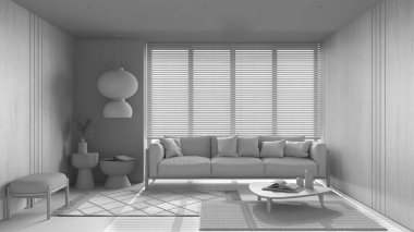Total white project draft, minimalist living room with wooden walls. Fabric sofa with pillows, window with venetian blinds, carpets and decors. Minimal interior design