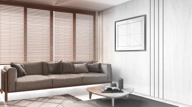 Architect interior designer concept: hand-drawn draft unfinished project that becomes real, japandi living room with wooden walls and frame mockup. Minimal style