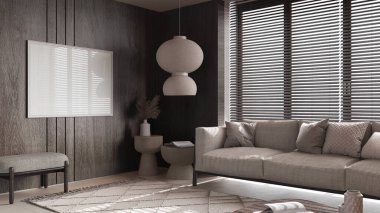 Frame mockup in home interior with decoration, dark wooden minimalist living room with sofa in beige tones, marble floor and tables, japandi interior design