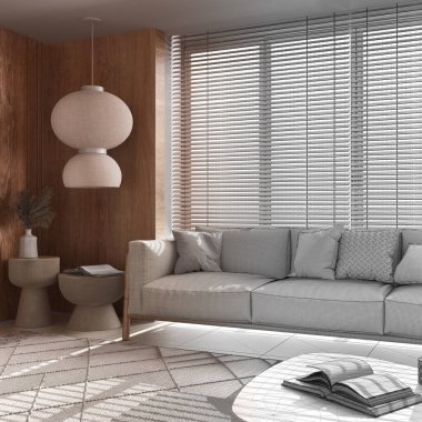 Architect interior designer concept: hand-drawn draft unfinished project that becomes real, minimalist living room with wooden walls. Fabric sofa with pillows. Japandi style