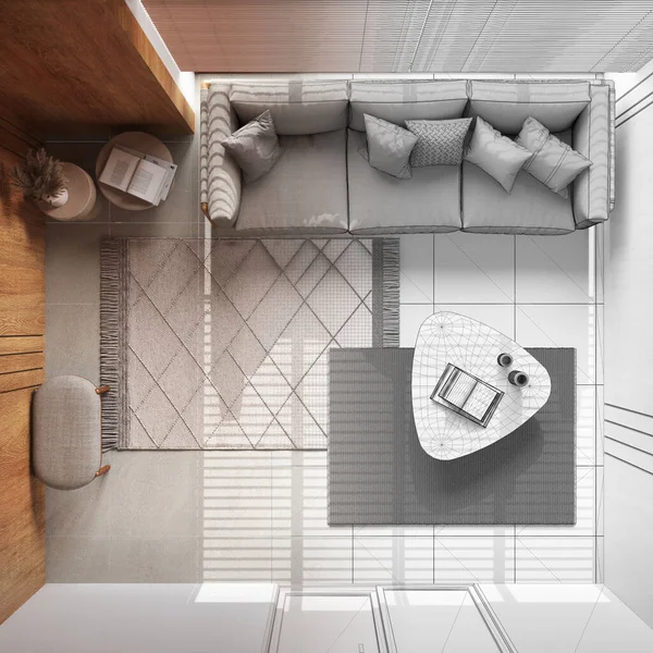 Architect Interior Designer Concept Hand Drawn Draft Unfinished Project Becomes — Fotografia de Stock