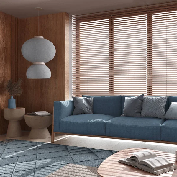 Minimalist living room with wooden walls in blue tones. Fabric sofa with pillows, window with venetian blinds, carpets and paper lamp. Japandi interior design