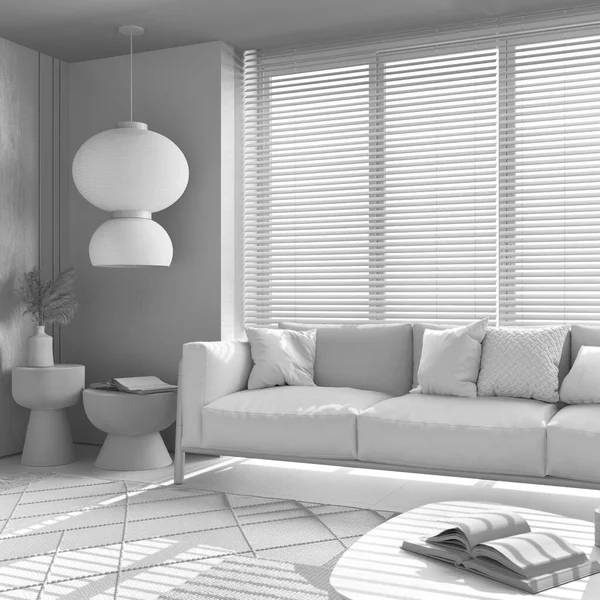 Całkowity Biały Projekt Projektu Minimalistyczny Salon Drewnianymi Ścianami Tkanina Sofa — Zdjęcie stockowe