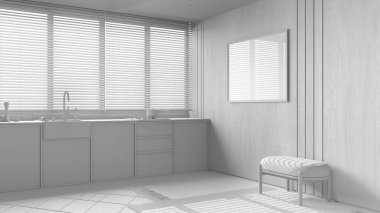 Tamamen beyaz proje taslağı, ahşap duvarlı çağdaş mutfak ve çerçeve modeli. Venedik panjurlu, dolaplı, halılı ve dekorlu büyük bir pencere. En düşük iç tasarım