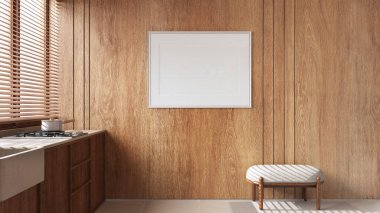 Ev içinde ahşap duvarları, halılı çiftlik evi mutfağı ve bej tonlu puf, mermer zemin, minimal iç tasarım.