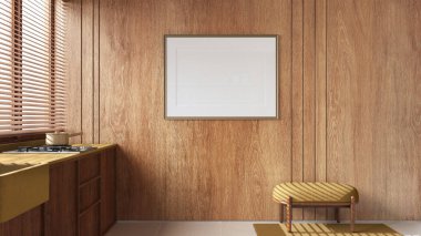 Evin içinde ahşap duvarlar, halılı çiftlik evi mutfağı ve sarı tonlu puf, mermer zemin, minimal iç tasarım.