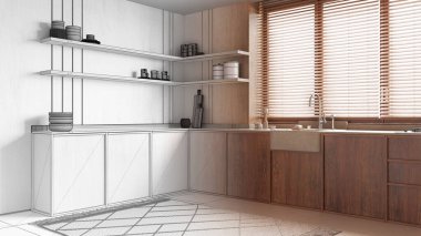 Mimar iç mimar konsepti: elle çizilmiş tamamlanmamış proje gerçek, modern ahşap mutfak haline geliyor. Dolaplar, lavabo ve raflar. Minimalist stil