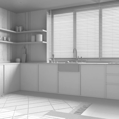 Tamamen beyaz proje taslağı, ahşap duvarlı minimalist mutfak. Dolaplar ve raflar, panjurları, halıları ve dekorları olan büyük pencereler. En düşük iç tasarım
