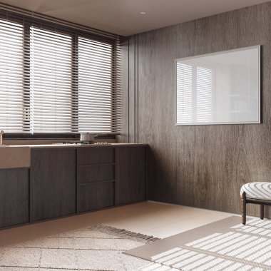 Japandi mutfağı, koyu ahşap duvarlar ve bej tonlarda çerçeve. Dolaplar, halılar ve dekorlar. En düşük iç tasarım